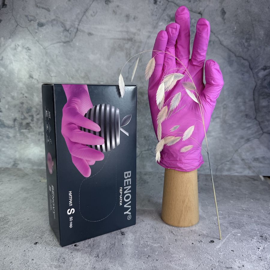 BENOVY Перчатки нитриловые ФУКСИЯ  S  100шт